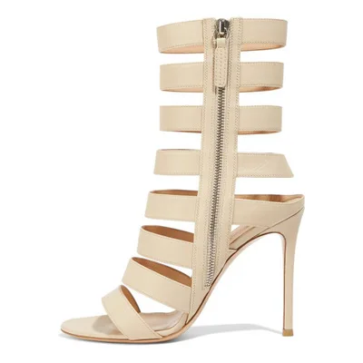 

Women Nude Patent Leather Narrow Band Hollow Out Sandals Summer Open Toe Side Zipper High Thin Heel Dress Shoes High Quality