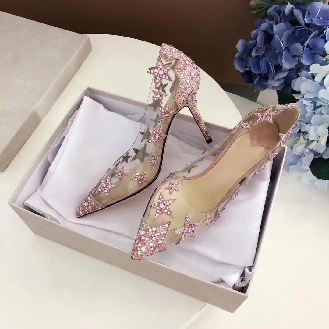 

New Arrivals 2019 Pink Crystal Star Patchwork Pointy Toe Wedding Shoes Bride Cut-out Clear PVC High Heels Pumps Women Shoes