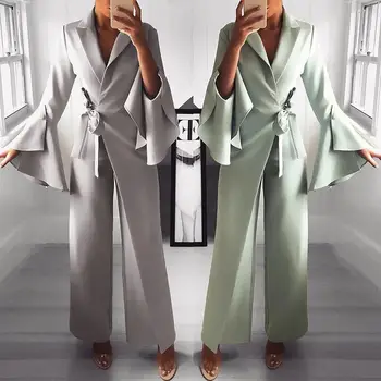 

2019 Spring Irregular Flared Sleeve Wide Leg Jumpsuit Formal Style Knot Side Long Jumpsuits