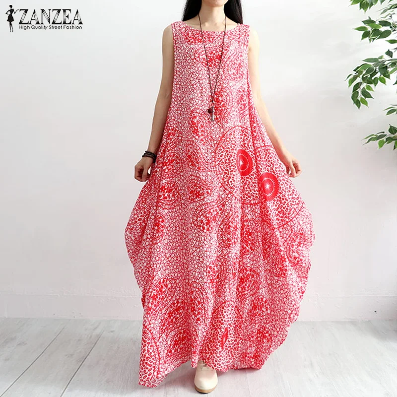 ZANZEA, женское летнее длинное платье макси без рукавов, повседневное свободное платье с цветочным принтом, платье-кафтан, хлопковое льняное платье