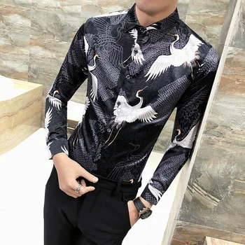 

Chinese style Print men shirts casual slim Shirt Fashion camisa masculina Social Tuxedo Shirt Male Long Sleeve Club Party shirts