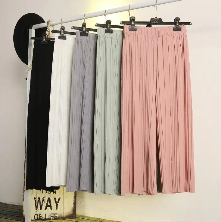 #1906 Summer Pantalon Femme Elastic Waist Chiffon Wide Leg Pants Ankle-length Loose Pleated High Skirts Big Size | Женская одежда