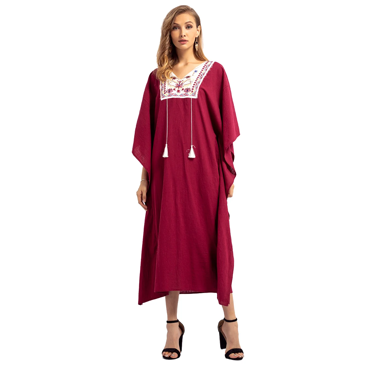 

Autumn Winter Women's Models Muslim Large Size Middle Eastern EmbroideRed Maxi Dress