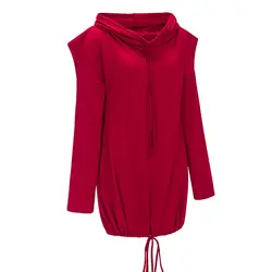 Женская Красная толстовка с капюшоном осень длинный рукав толстовка Карман Drawstring с капюшоном сплошной цвет Повседневный пуловер в форме