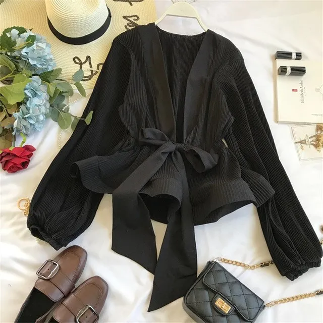 Ruched Pleated Ruffles Chiffon Blouse Women Sashes Grace Vintage Blouse Office Lady Spring Fashion Elegant V-Neck Shirt