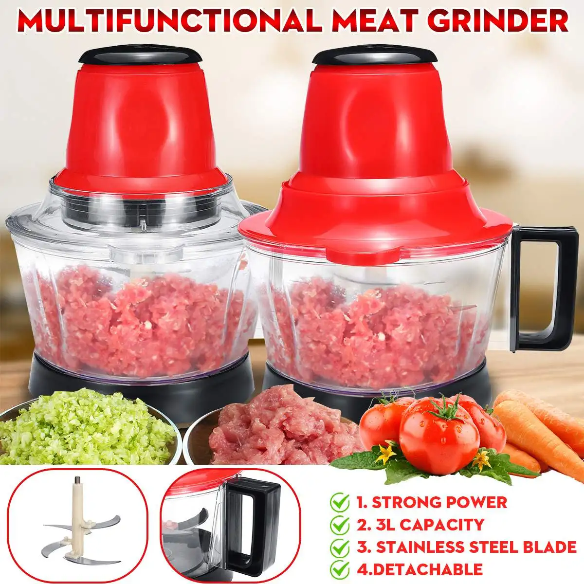 

2L/3L Multifunction Electric Meat Grinder Food Vegetable Blende Stuffing Mincer Mute Bearing Fit for Fruits Vegetables Meat