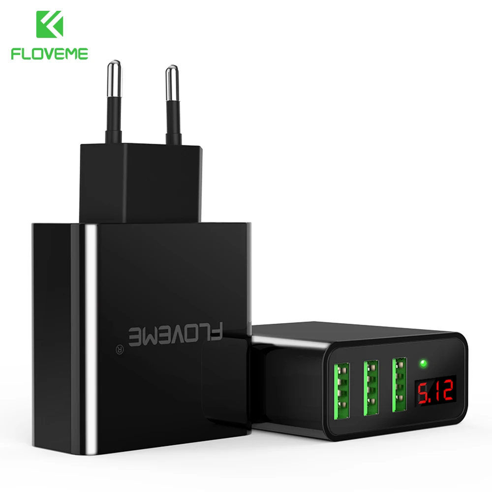 

FLOVEME 3-Ports USB Phone Charger For iPhone 7 6 X Samsung S8 Xiaomi Huawei LED Display Wall Charger Dual USB Charger US EU Plug