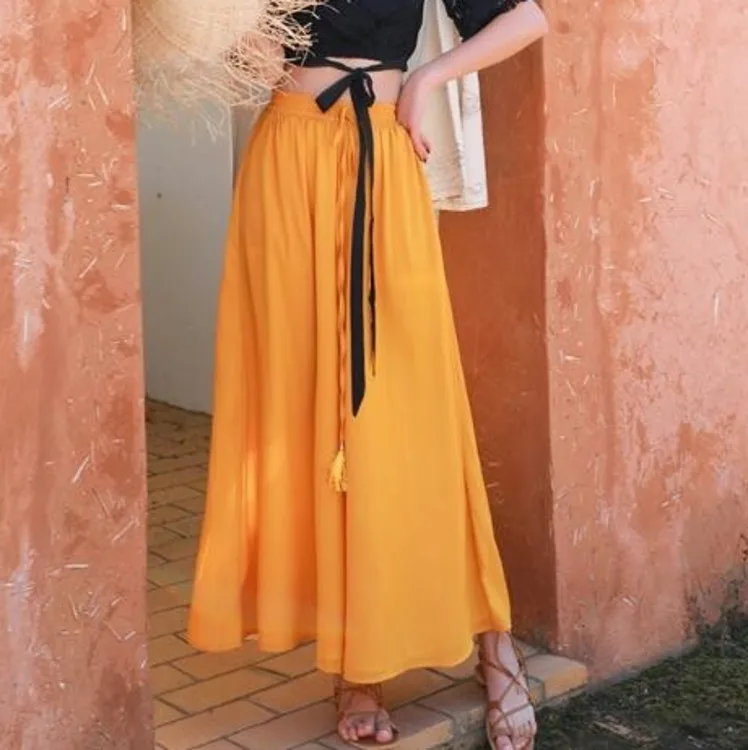 

#0430 Yellow Green Koran Fashion Chiffon Wide Leg Pants Women Casual Summer Loose Elastic High Waist Solid Color Full Length