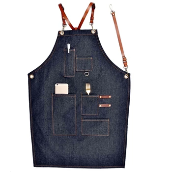 

Aprons Denim Leather Simple Uniform Unisex Adult Jeans Aprons For Woman Men Male Lady'S Kitchen Barber Cooking Pinafores