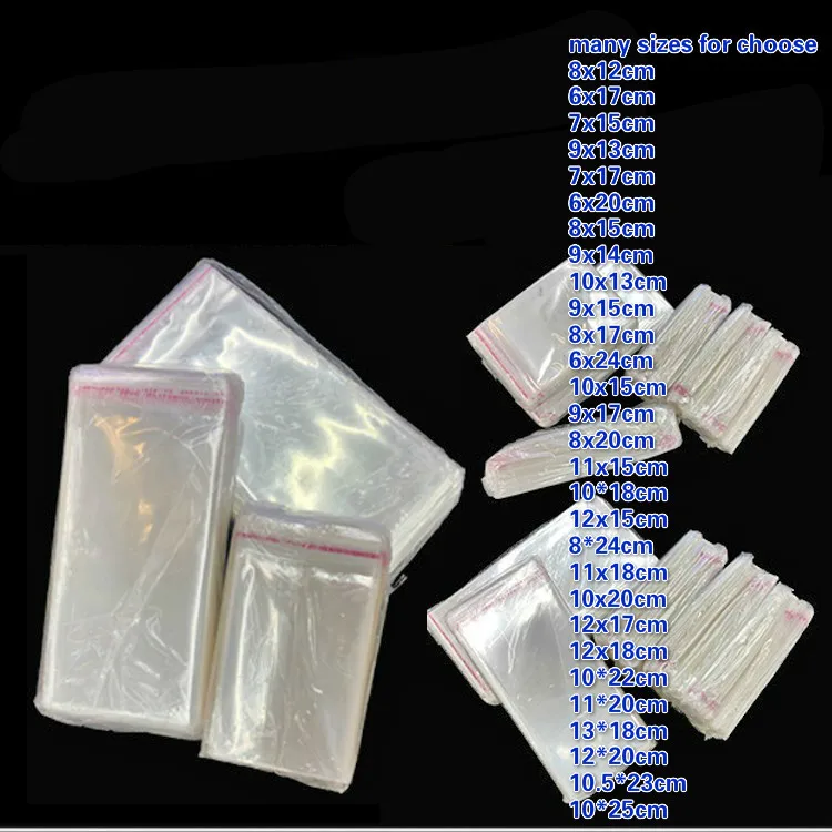 

500pcs/lot 8cm~13cm ~24cm Transparent OPP Adhesive Bag Mobile Phone Case Bag Plastic Bag Jewelry Seal Pocket Strip Bag WxL