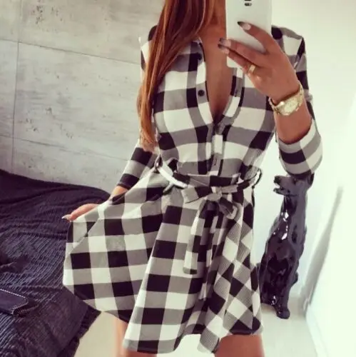 

Women Dress Casual Women Check Shirt Mini Dress Lady Cotton Long Sleeve Plaid Romper Party Dress