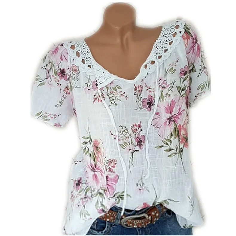 إمرأة المحملة الصيف قصيرة الأكمام الدانتيل خليط ر قميص المرأة زائد حجم طباعة الشارع الشهير التي شيرت قمم فام Camiseta موهير