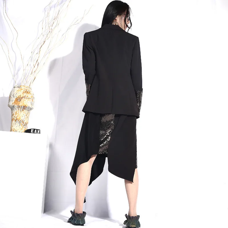 Deat 2020 Nieuwe Lente Zomer Revers Lange Mouwen Balck Pailletten Stitch Onregelmatige Half-Body Rok Tweedelig Pak Vrouwen mode JO573 Deat 2020 Nieuwe Lente Zomer Revers Lange Mouwen Balck Pailletten Stitch Onregelmatige Half-Body Rok Tweedelig Pak Vrouwen mode JO573