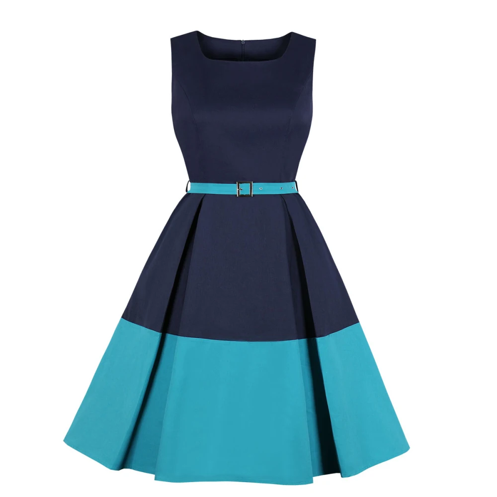 

Sovalro Color Block Women Retro Dress Round Neck Sleeveless High Waist Belts Women Vintage Dress Party Vestidos De Festa