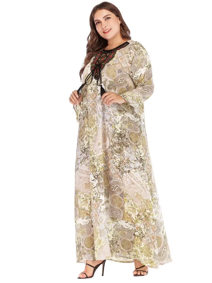 Women Muslim Long Dress Print Plus Size Embroidery Dubai Robe Casual Loose Abaya Gown Beading Drawstring Casual Islamic Clothes
