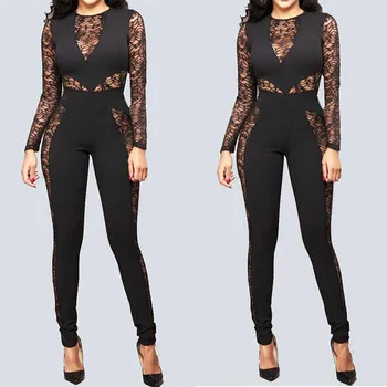 

Women Ladies Clubwear Black Lace Patchwork Playsuit Bodycon Party Jumpsuit Sexy Skinny High Wait Romper Trousers