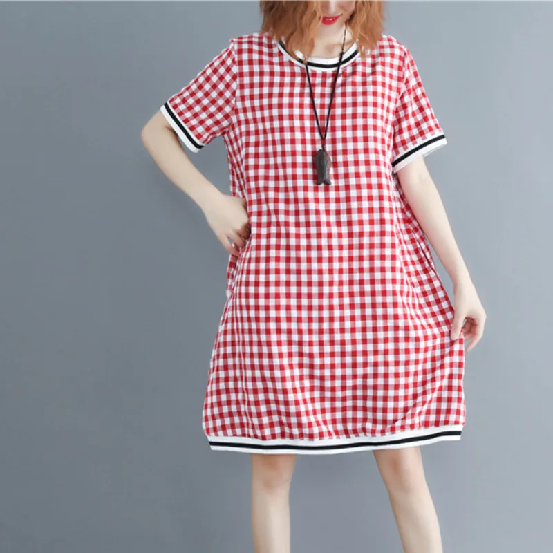  0224 Summer Casual Red  Green Plaid Dress  Women Plus  Size  