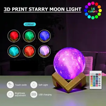 

3D Print LED Moon Lamp 16 Colors Change Touch Switch+Remote Control Bedroom Night Light USB Rechargeable Decor Light