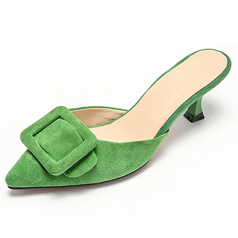 

Genuine Leather Women Mules 6.5 CM High Heels Pointed-toe Summer Slippers Sexy Ladies Party Shoes Woman Box packing 321