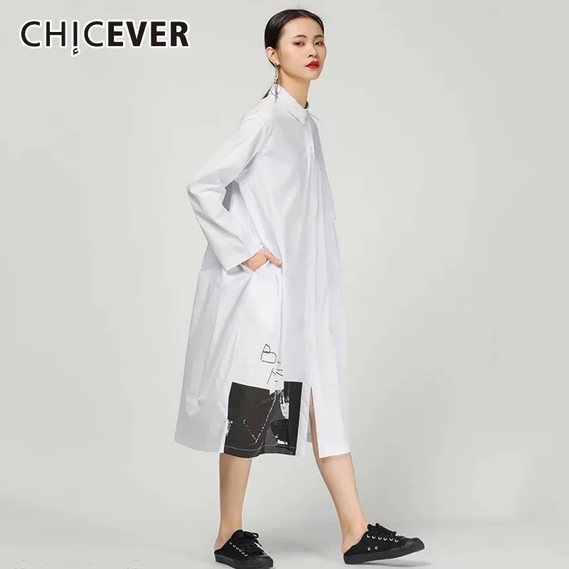 CHICEVER женские платья с буквенным принтом для женщин отворотом длинным рукавом