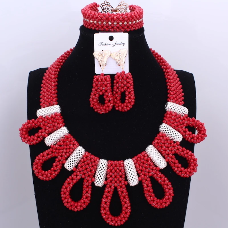 

Splendid Wine And Silver African Nigerian Beads Bridal Jewelry Sets For Women Crystal Bracelet Earrings and Necklace Set 2018