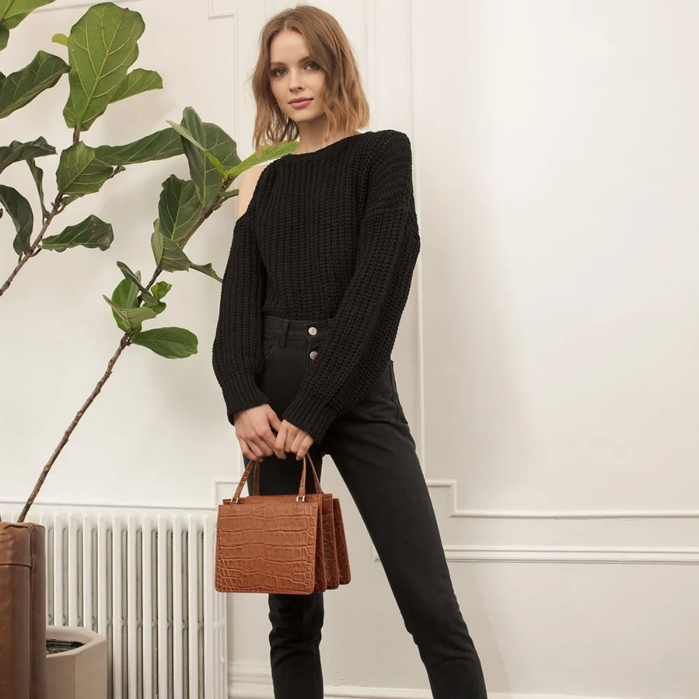 HDY Haoduoyi Simplicity Pure Black Color Exposed Shoulder O-neck Lantern Long Sleeves Easy Sweater New Arrival HDY Haoduoyi Simplicity Pure Black Color Exposed Shoulder O-neck Lantern Long Sleeves Easy Sweater New Arrival