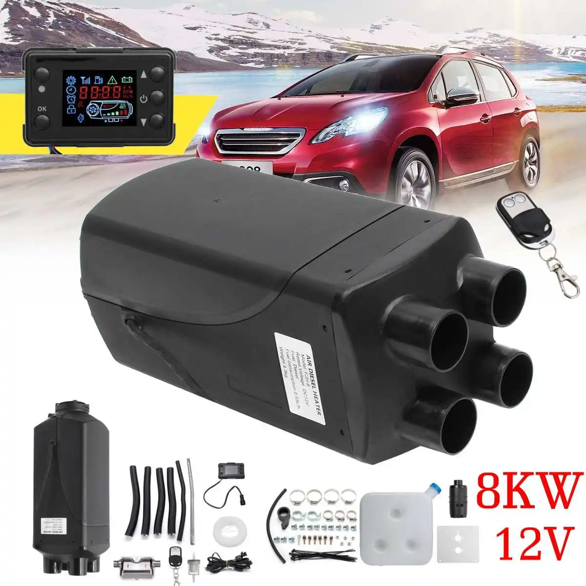 

Car Heater 12V 8KW Parking Air Diesels Heater LCD Monitor 4 Hole with Remote Control + Silencer For Motorhome RV Trucks Bus Boat
