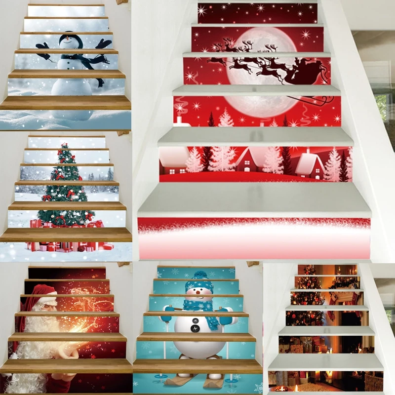 

6pcs 3D PVC Christmas Wall Stickers Snowman Fireplace Self-adhesive Stair Stickers Home Decor Wall Sticker Newest for 2019