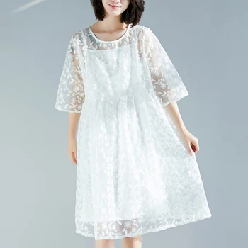 

#0181 Two Piece Set See Through Dress O-Neck Embroidered Floral Plus Size Dresses Summer White Beach Sundresses Spaghetti Strap