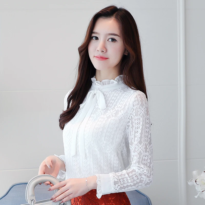

2019 New Spring Full Sleeve Slim Stand Neck Lace Blouse Shirt White Black 6089