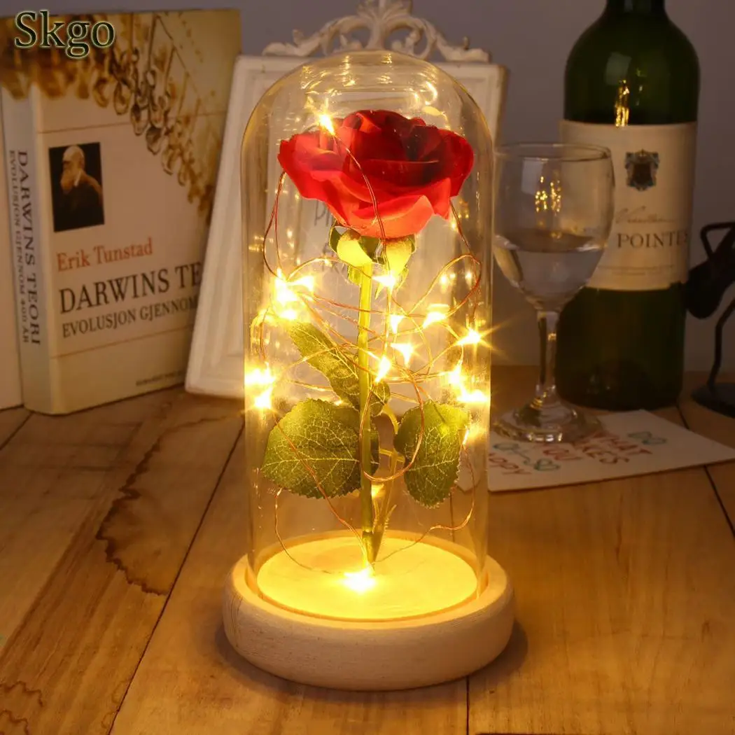 Светодио дный LED красота Роза и чудовище батарея питание красный цветок свет шнура настольная лампа Романтический День Святого Валентина