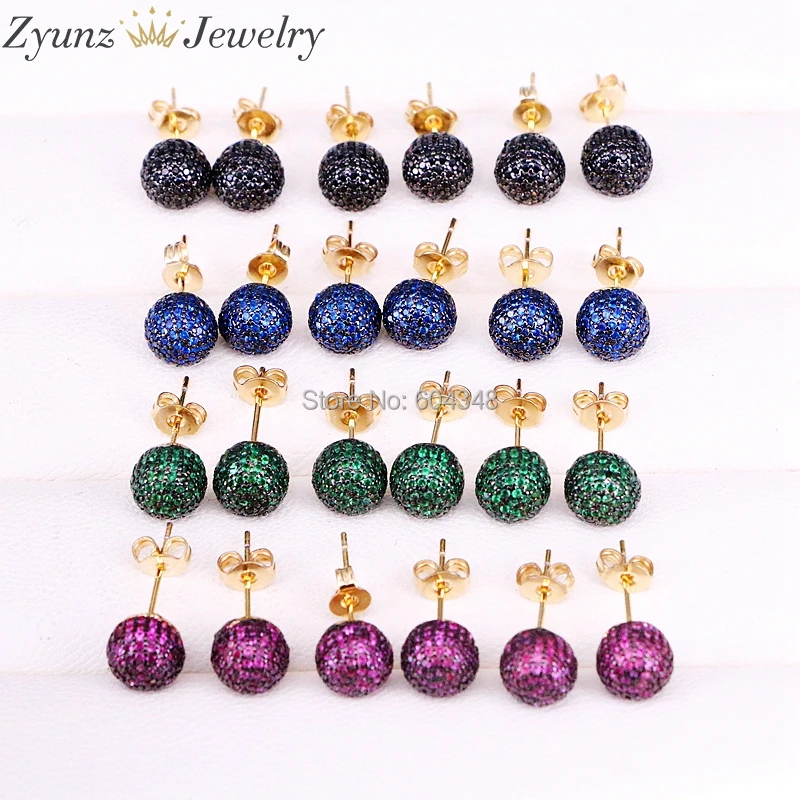 5 пар/набор ZYZ338-0287 Модные украшения Mix Цвет CZ кубический цирконий круглый шар, серьги со шпилькой, для подарки женщине на день рождения 8 мм/10 мм