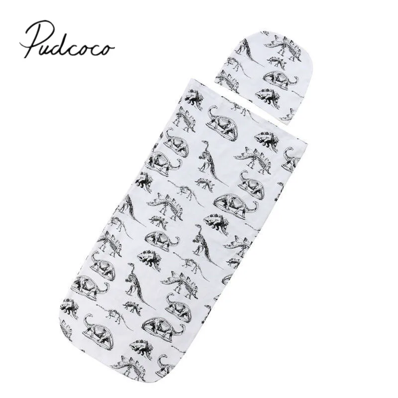

2019 Brand New 0-12M Newborn Infant Baby Dinosaur Print Swaddle Blanket Sleeping Swaddle Muslin Wrap+Hat 2pcs Sets Sleep Bag