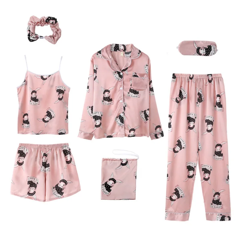

Lisacmvpnel 7 Pcs Printing Women Pajama Set Ice Silk Spring New Top+Pant+Nightdress Set Sleepwear