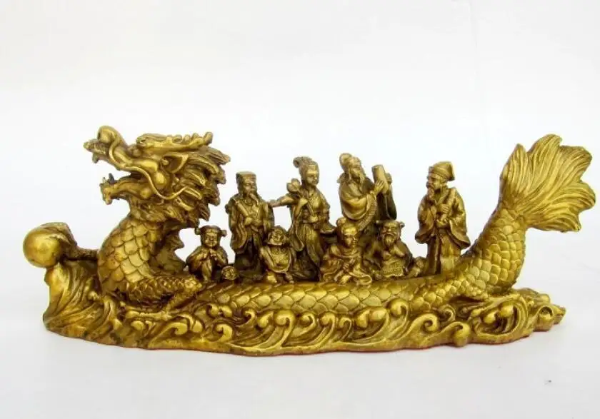 

China Folk Brass Auspicious Eight Immortals Across sea By Dragon Boat Statue