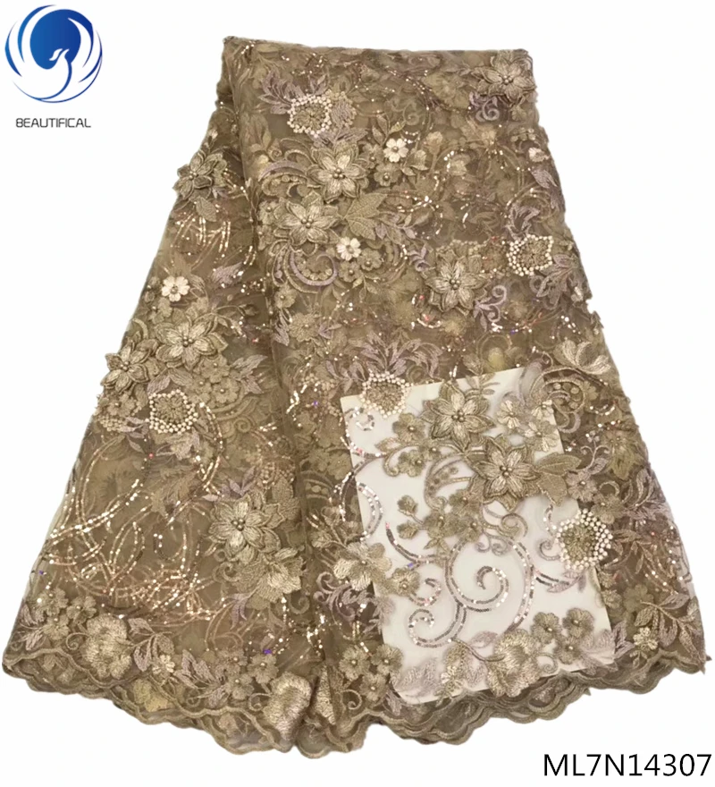 

BEAUTIFICAL nigerian french lace fabric 3d flower embroidery lace with sequins french lace fabric tulle 5 yards/piece ML7N143