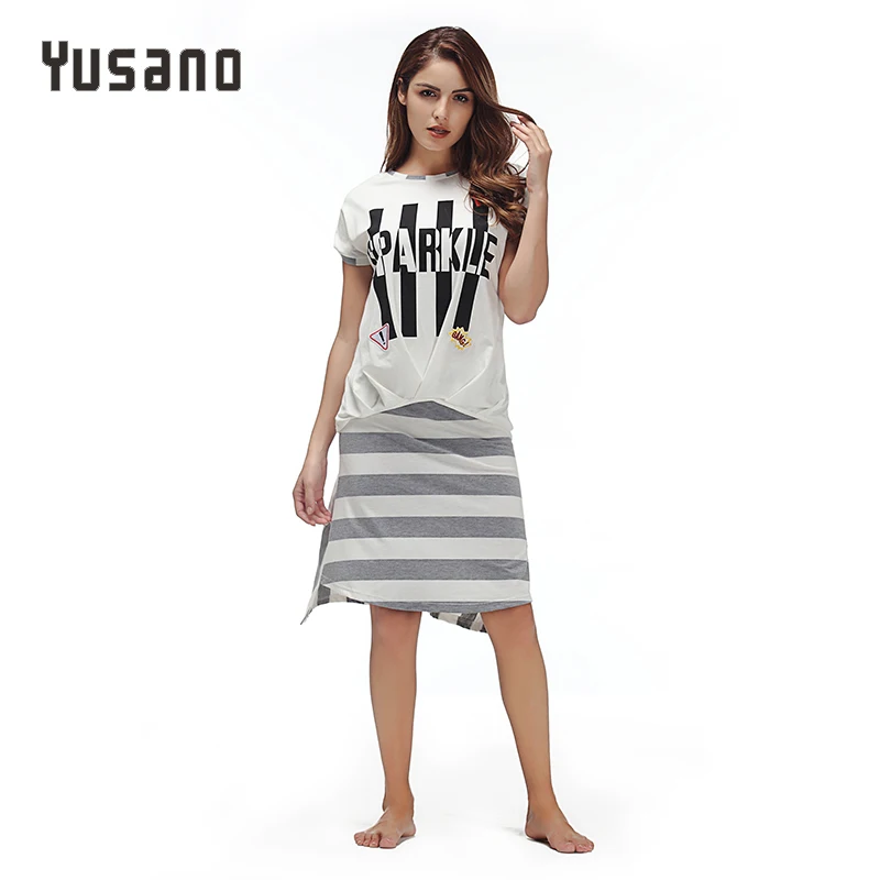 

Yusano Adult Nightgown Women Summer Homewear Pijamas Cotton Stripe Pajamas Bottom Inside Round Neck Bathrobe Sleepwear Nightdres
