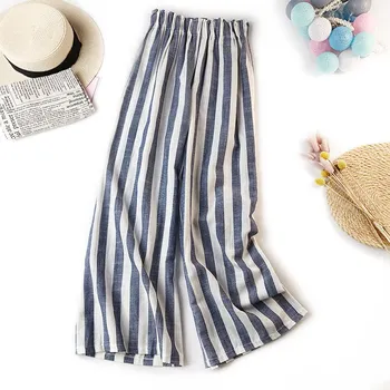 

Female Cotton Linen Striped Pants Women 2019 Summer Long Trousers Casual Loose Mid Waist Wide Leg Pants