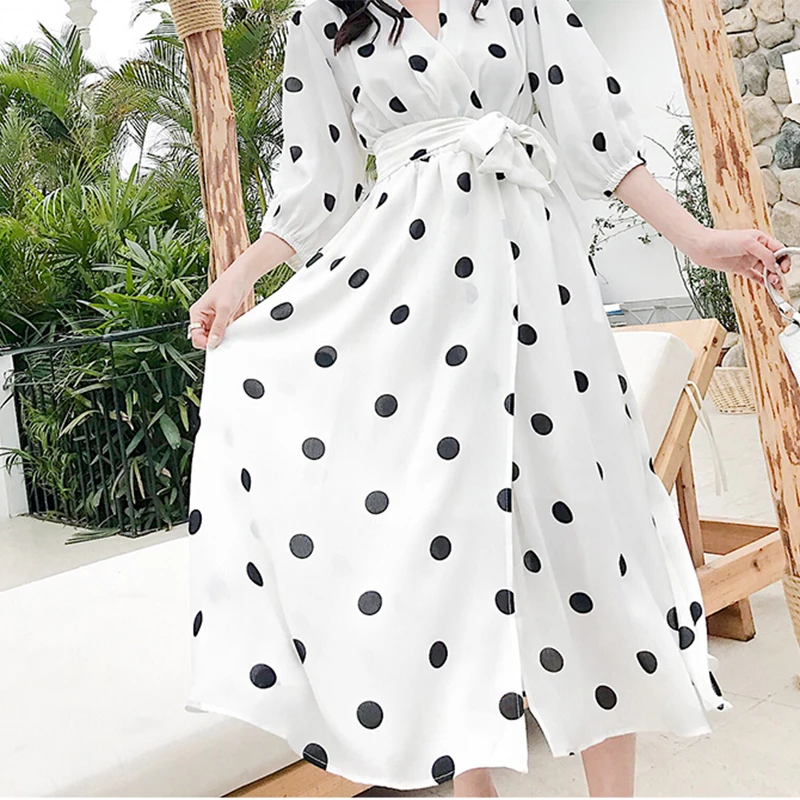

Casual Ladies Loose Print Dress Bohemian Empire Wrist Lantern Sleeves Women Dress Spring Autumn Fashion V-neck Beach Wear