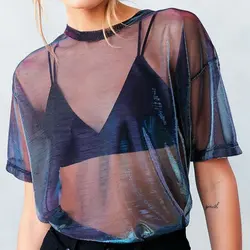 Модные прозрачные сетчатые топ из органди винтажные блестящие женские футболки Топы с коротким рукавом Свободные футболки повседневные