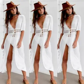 

Summer Women Bikini Hollow Out Cover up Kaftan Long Boho Maxi Beach Dress Swimwear Sundress