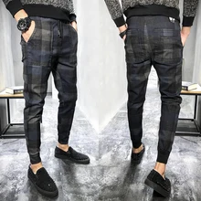 Новинка осени, в клетку, с принтом, теплые мужские джинсы стрейч джинсы, облегающие Молодежная Повседневная социальный дух ребята луча стопы штаны-шаровары tide