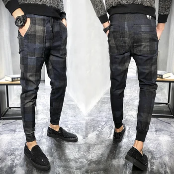 

2018 autumn new plaid printed jeans men's slim feet youth casual social spirit guys beam foot harem pants tide