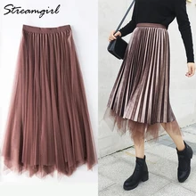 Women Velvet Pleated Skirt Midi Velvet Mesh Skirts For Women Autumn Warm Ladies Skirts Midi black pleated Skirt Champagne