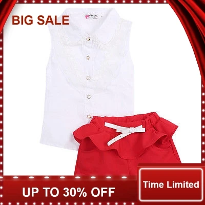 

Summer fashion Girl lace white blouses+ red shorts clothing set twinset