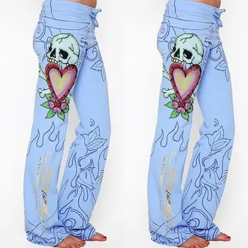

Fashion Women Baggy Skull Rose High Waist Printed Long Pants Hippie Wide Leg Boho Blue White Trousers Flower