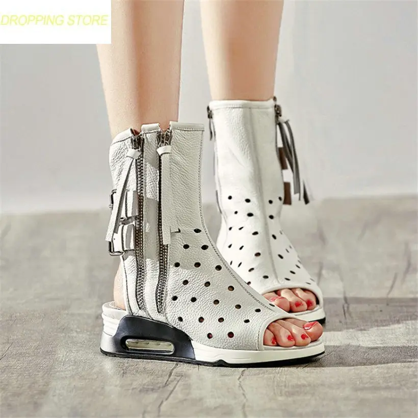 

Punk Summer Sneakers Women Cow Leather Wedges Platform Roman Gladiator Sandals Open Toe High Top Pumps Casual Shoes