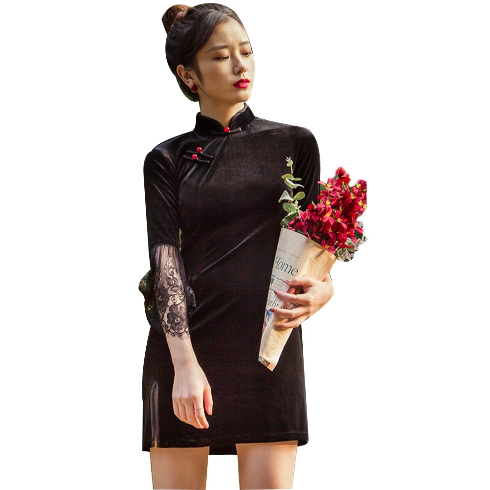 

Velvet Elegant Dresses Women Sexy Lace Sleeve Cheongsam Mini Dress Vintage Black Party Dress