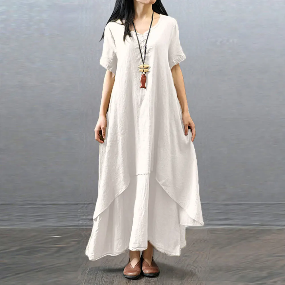 

Plus Size Linen Long Dress Short Sleeve Boho Large Dresses Vintage Irregular Spring Summer Maxi Dress Dropshipping
