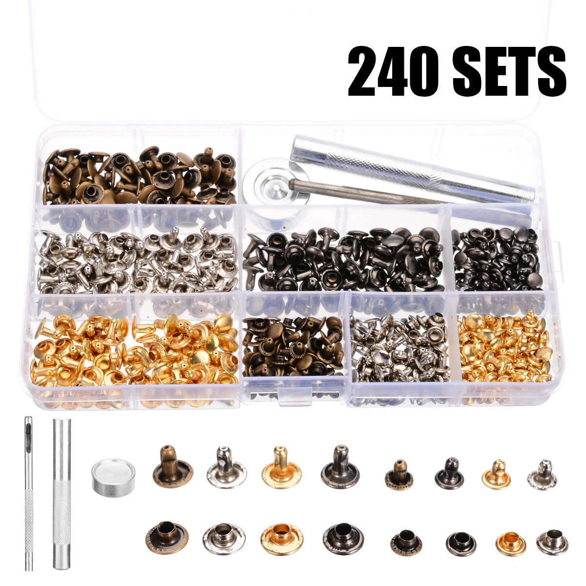 

240 Sets Leather Craft Double Cap Repairing Rivets Tubular Snaps Fastener Button Press Metal Studs Fixing Tools Kit